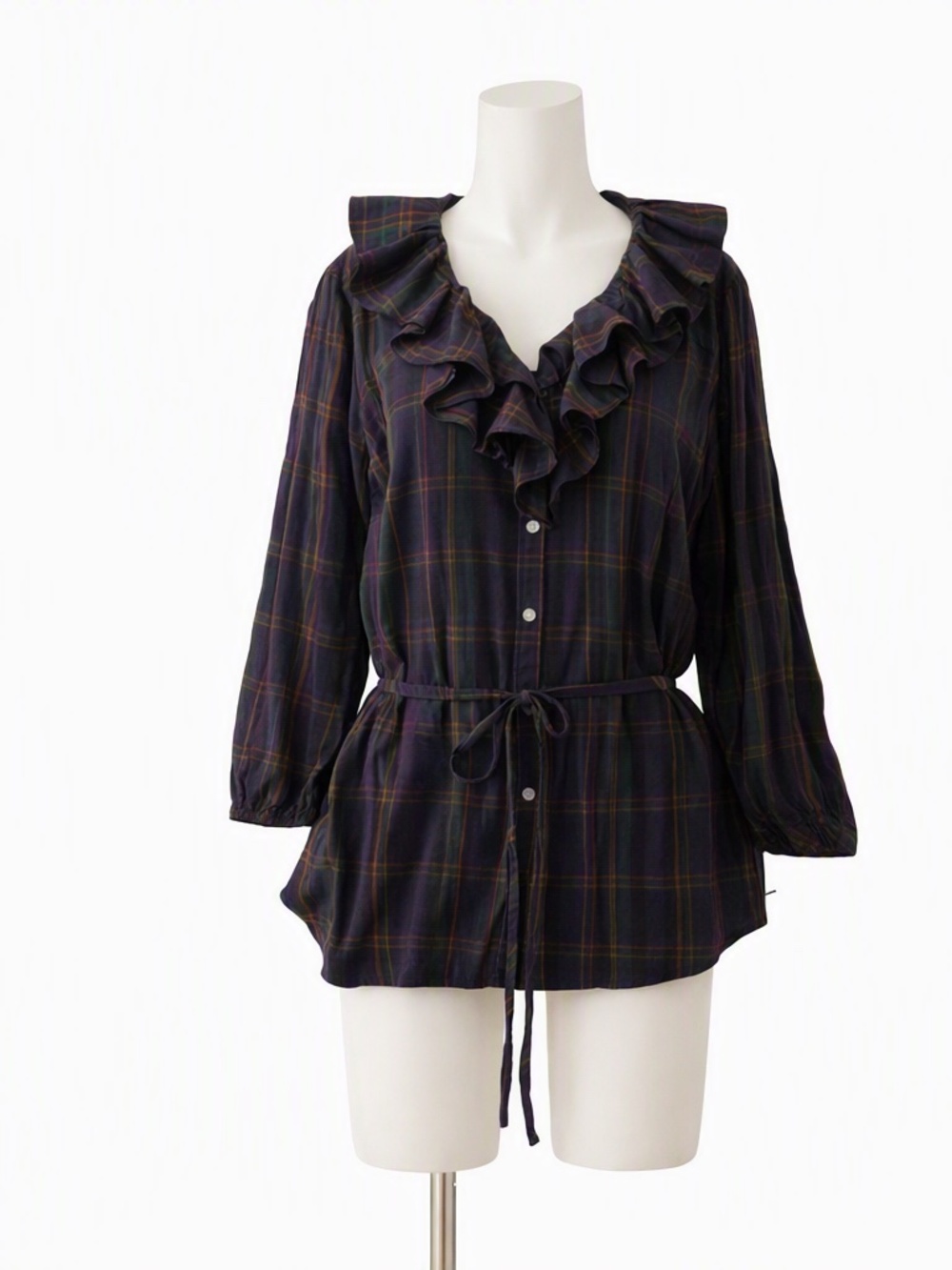 LRL Ralph Lauren Blouse Women's Size L Purple Tartan Plaid Ruffle V-Neck L/S Vtg